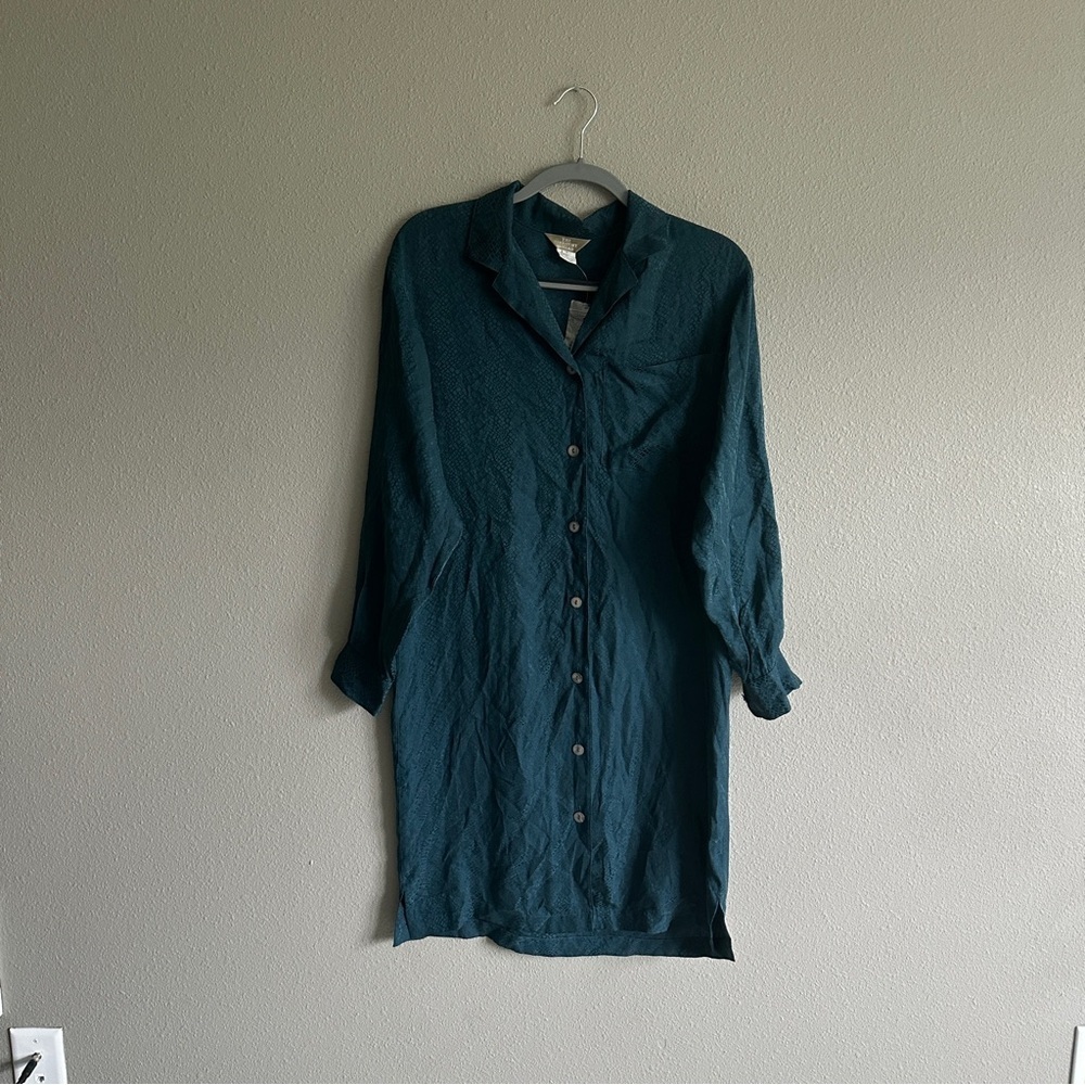 NWOT The Territory Ahead Silk Teal Leapord Print Button-Up Shirt Dress Small